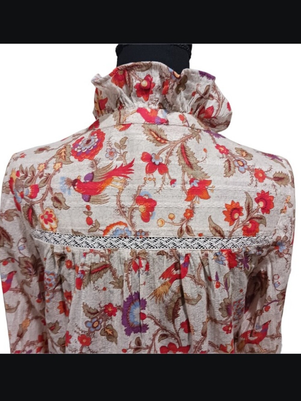 Sundance Ruffle Collar Floral Pheasant Relaxed Blouse Lace Trim - Picture 3 of 13